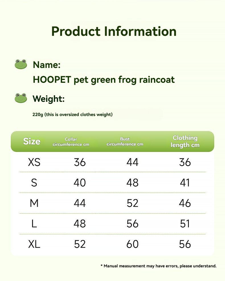 Frog Hooded Dog Raincoat