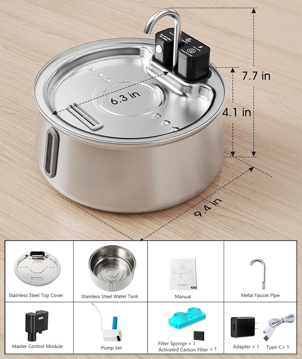 Cordless Stainless Steel Water Fountain, 4 L